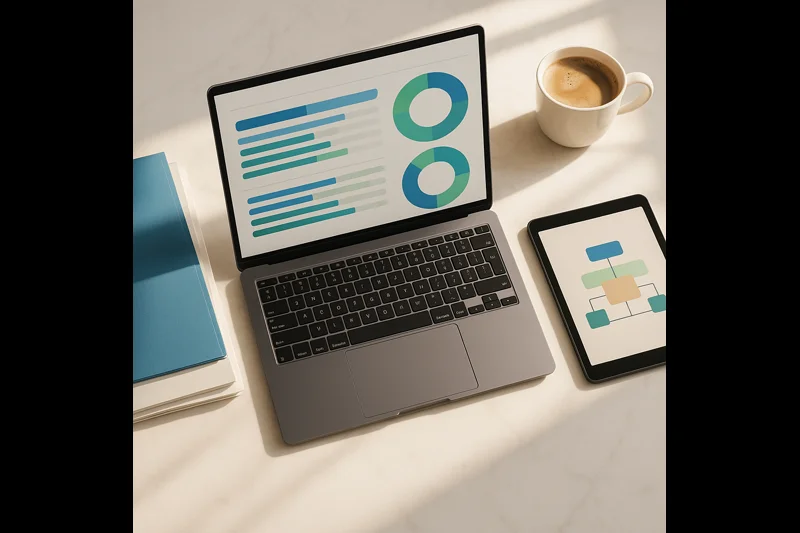 SOC 2 compliance consultant workspace with laptop showing compliance dashboard, folders, and tablet displaying framework diagram