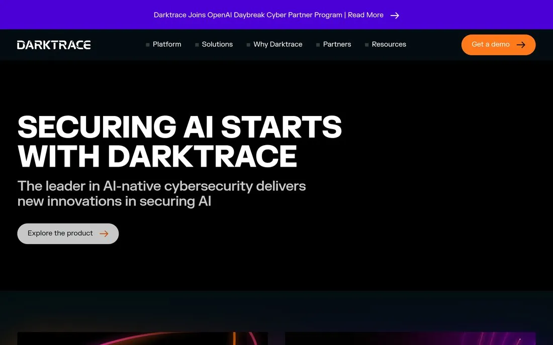Darktrace AI-native cybersecurity homepage