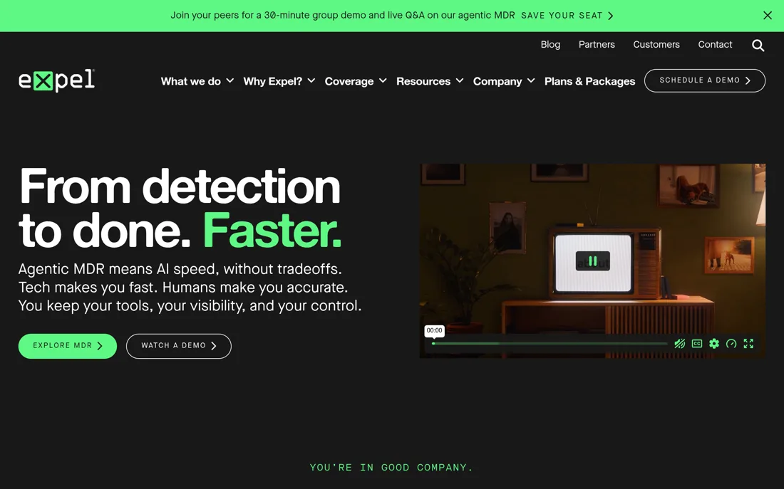 Expel homepage promoting agentic managed detection and response with transparent analyst decisions