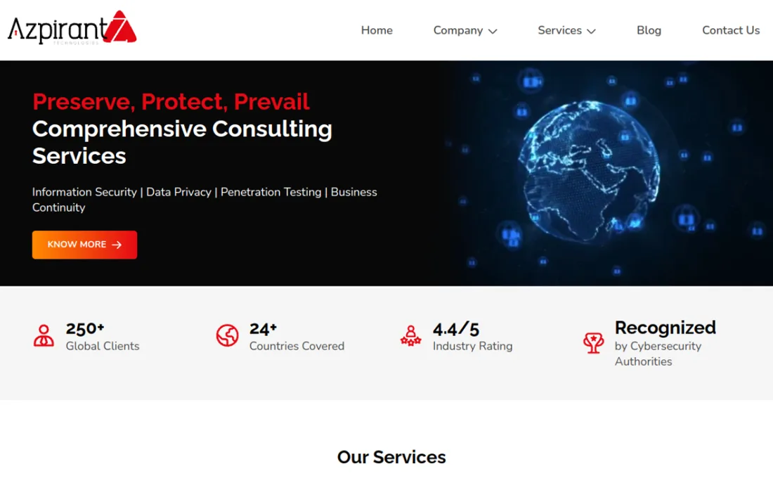 Azpirantz homepage, a cybersecurity provider serving the UAE