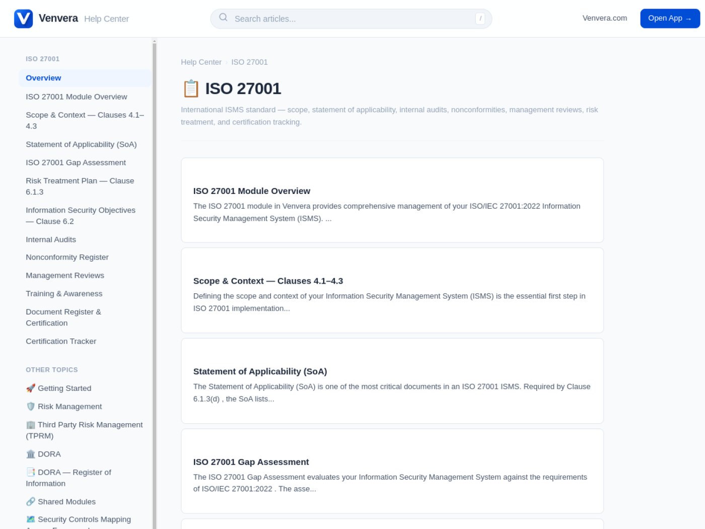 Venvera ISO 27001 documentation