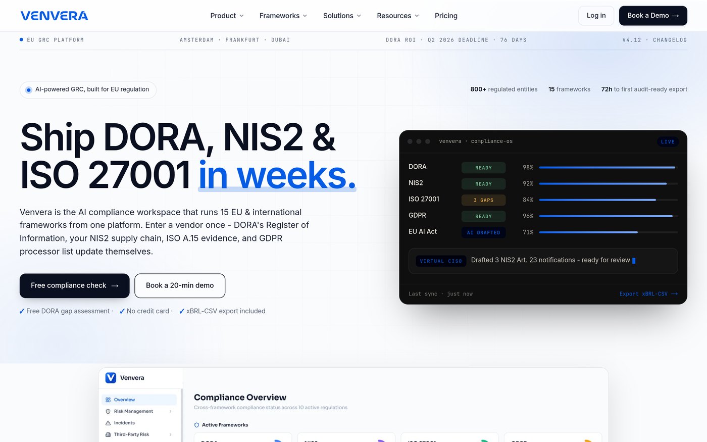 Venvera homepage - GRC platform