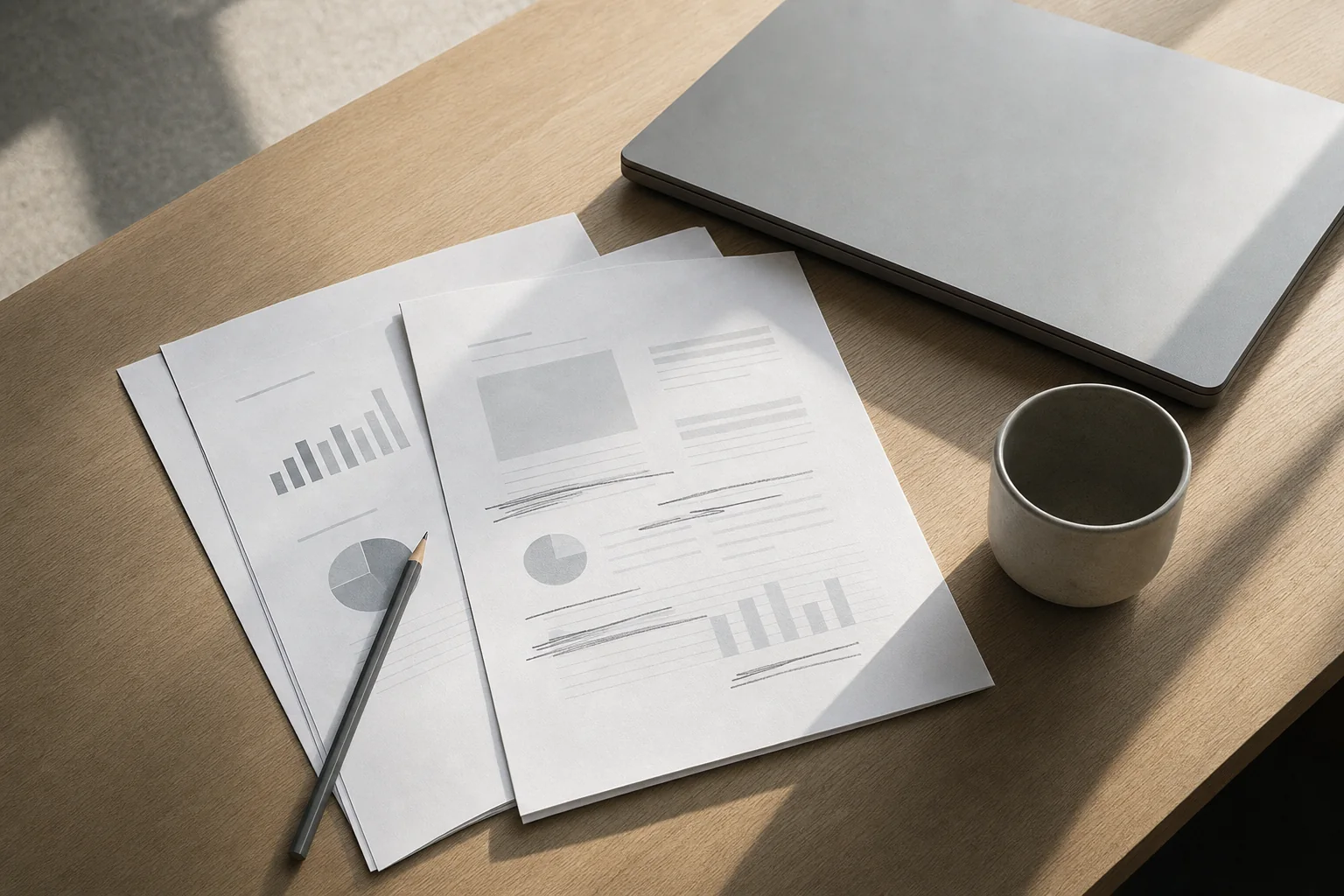 A printed configuration report with pencilled annotations beside a closed laptop in raking window light