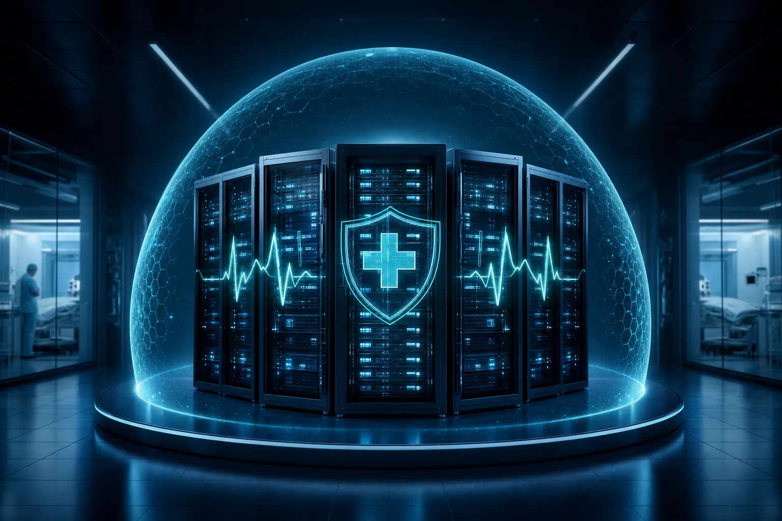 Secure hospital data center safeguarding electronic medical records under ADHICS healthcare data protection requirements