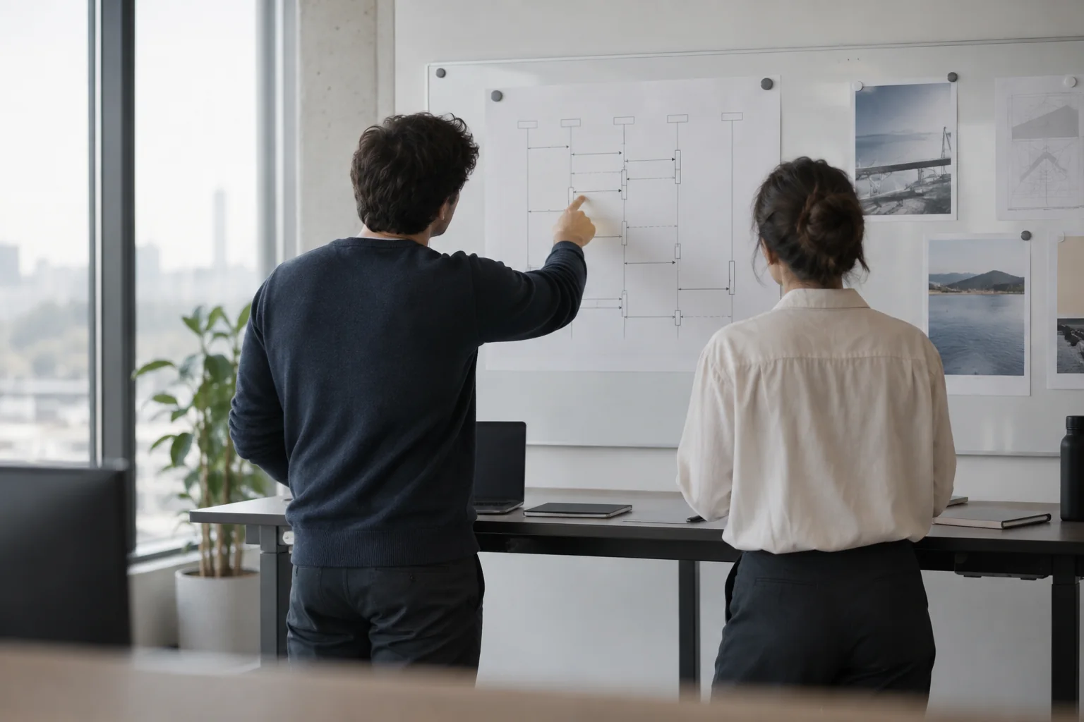 Two engineers at a whiteboard reviewing a printed sequence diagram of an API authorisation flow