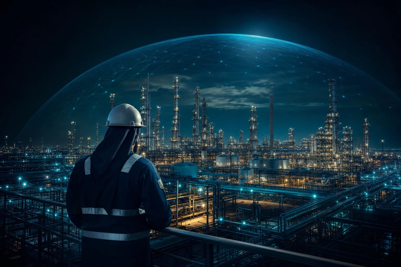 Saudi energy sector refinery at night protected by a cyber security grid for Aramco supplier compliance