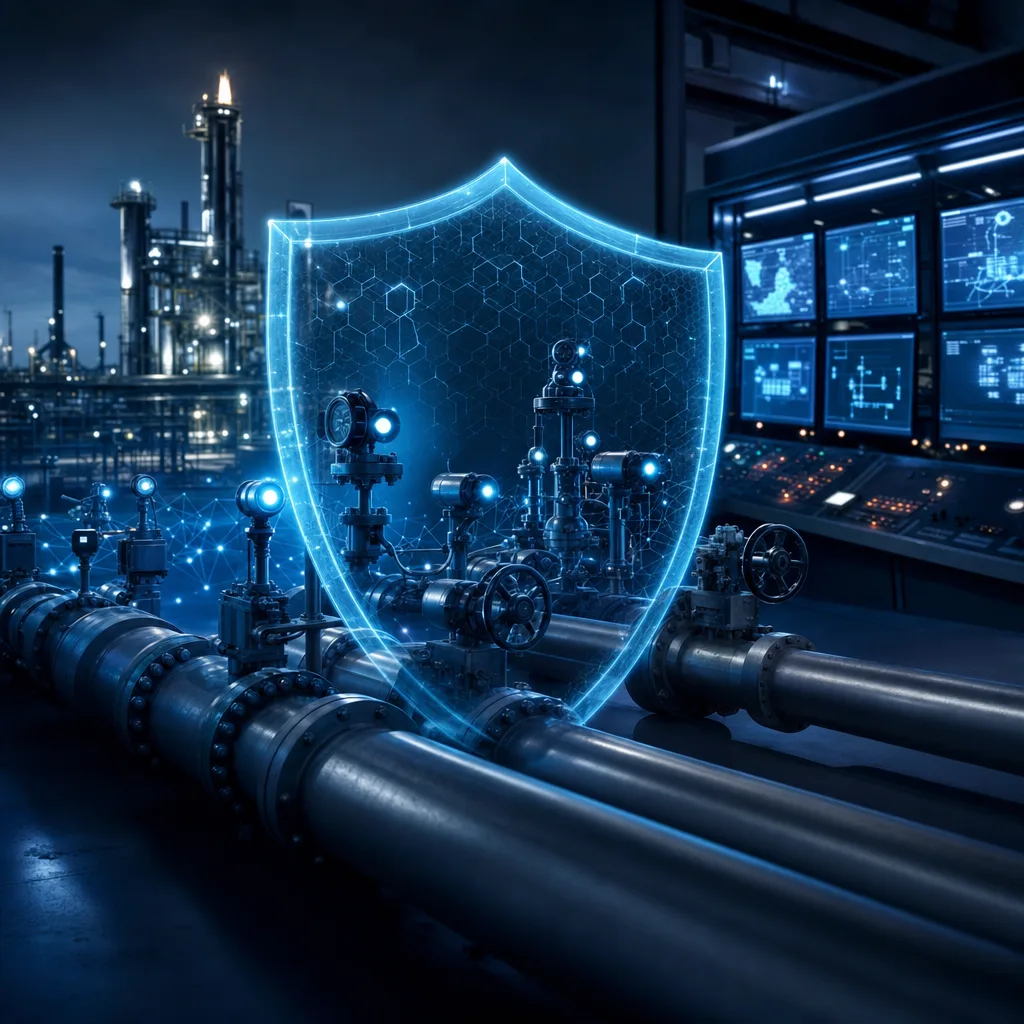 Industrial control systems and pipeline valves guarded by a digital shield illustrating SACS-002 control coverage