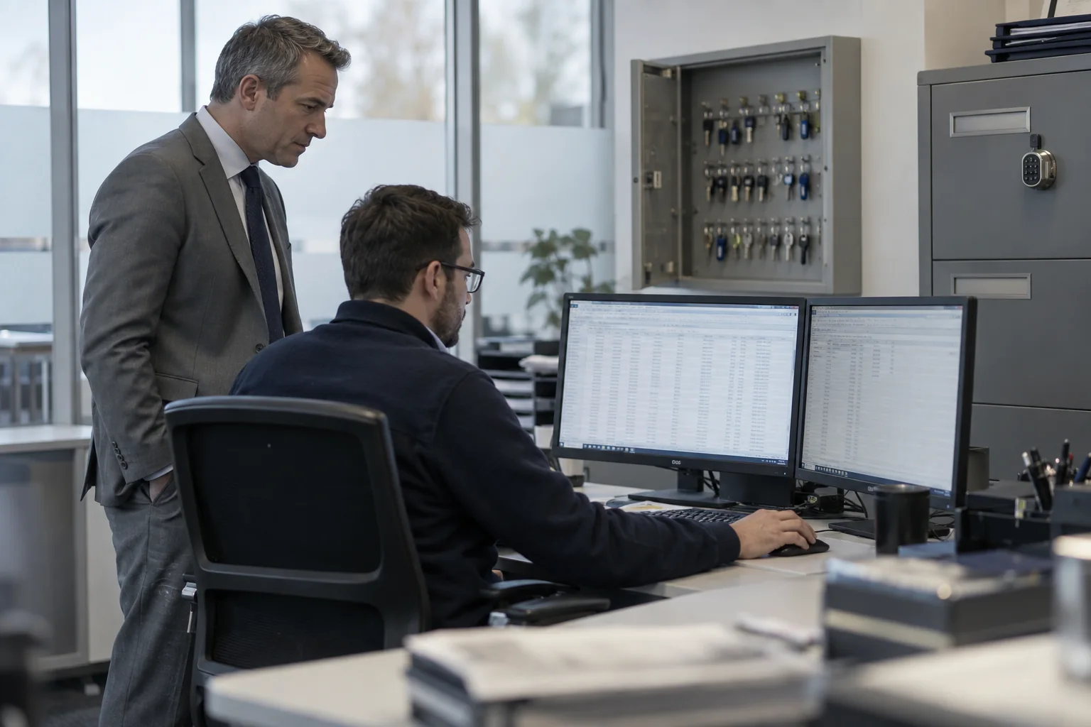 A treasury operations manager and a security consultant reviewing a payment operations workstation in a bank back office