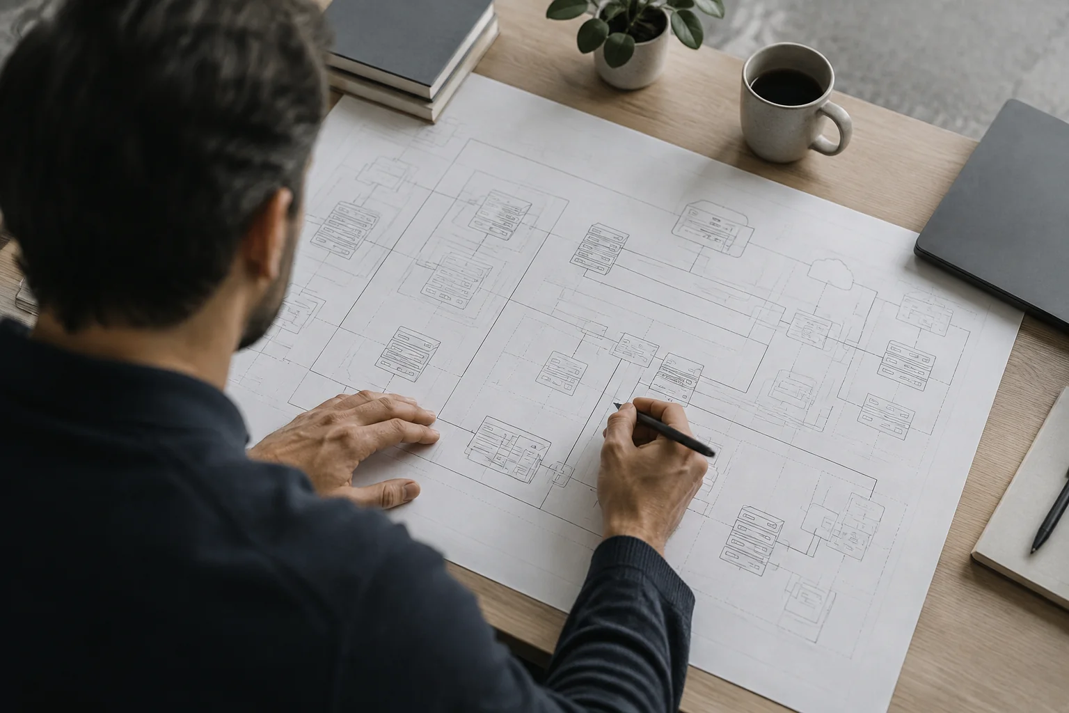A cloud architect leaning over a large printed network topology drawing while agreeing the rules of engagement for a cloud pentest