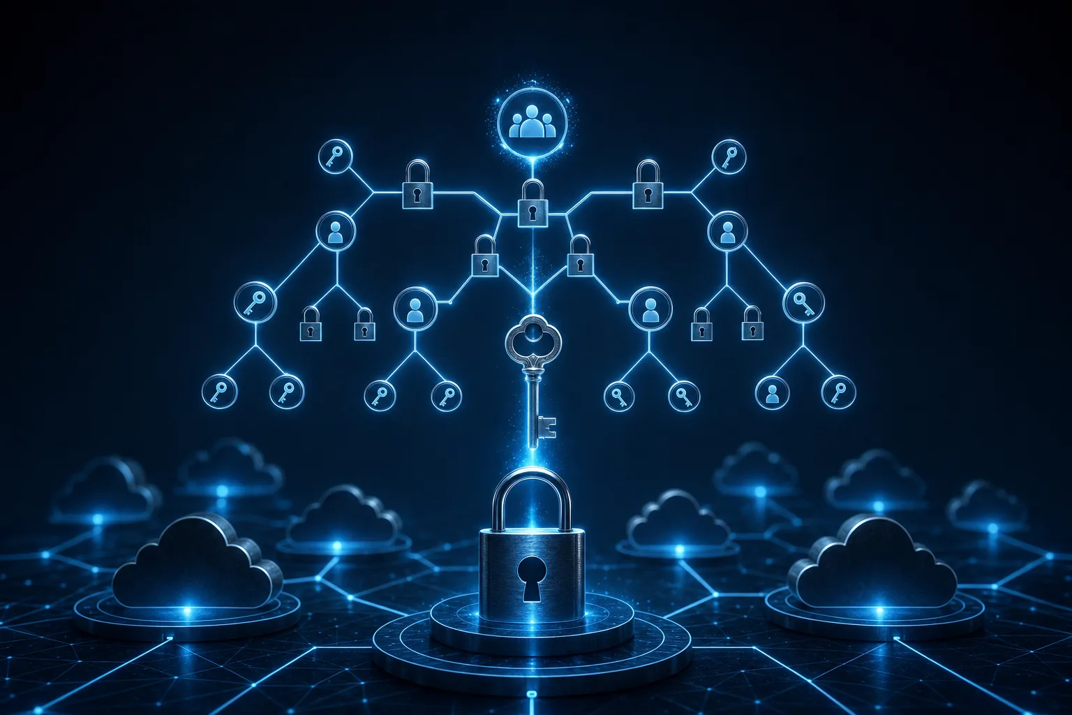 Least-privilege identity and access management hierarchy enforcing scoped roles and permissions across cloud accounts
