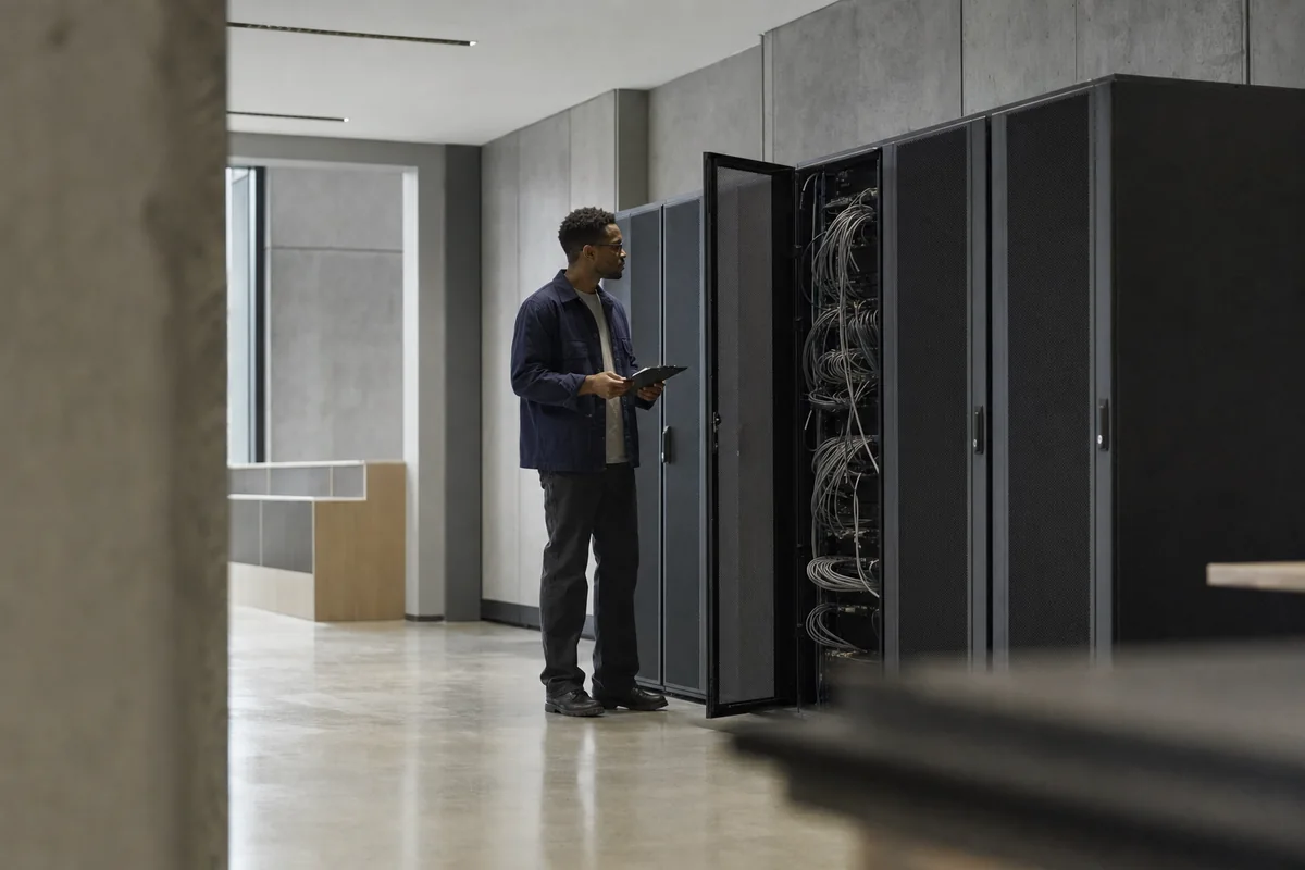 Servers, network and endpoints are inspected in place, on your kit, not from a questionnaire. A systems engineer reviewing cabling and configuration at an open equipment rack in a server room