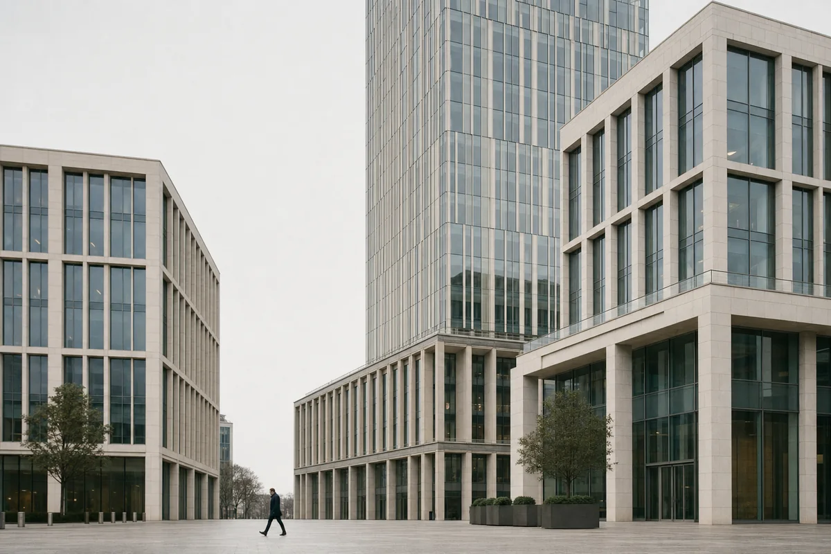 200+ assessments across fintech, healthcare, SaaS, government and manufacturing. Office buildings of a mixed business district on an overcast morning