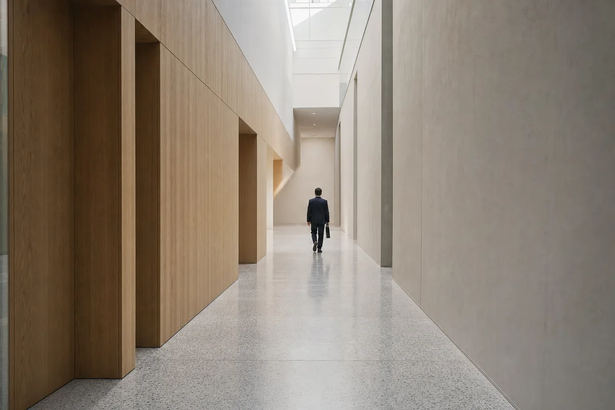 No bench of juniors behind the pitch. The consultant who scopes it is the consultant who runs it. A single consultant walking alone through a quiet modern office corridor carrying a document case