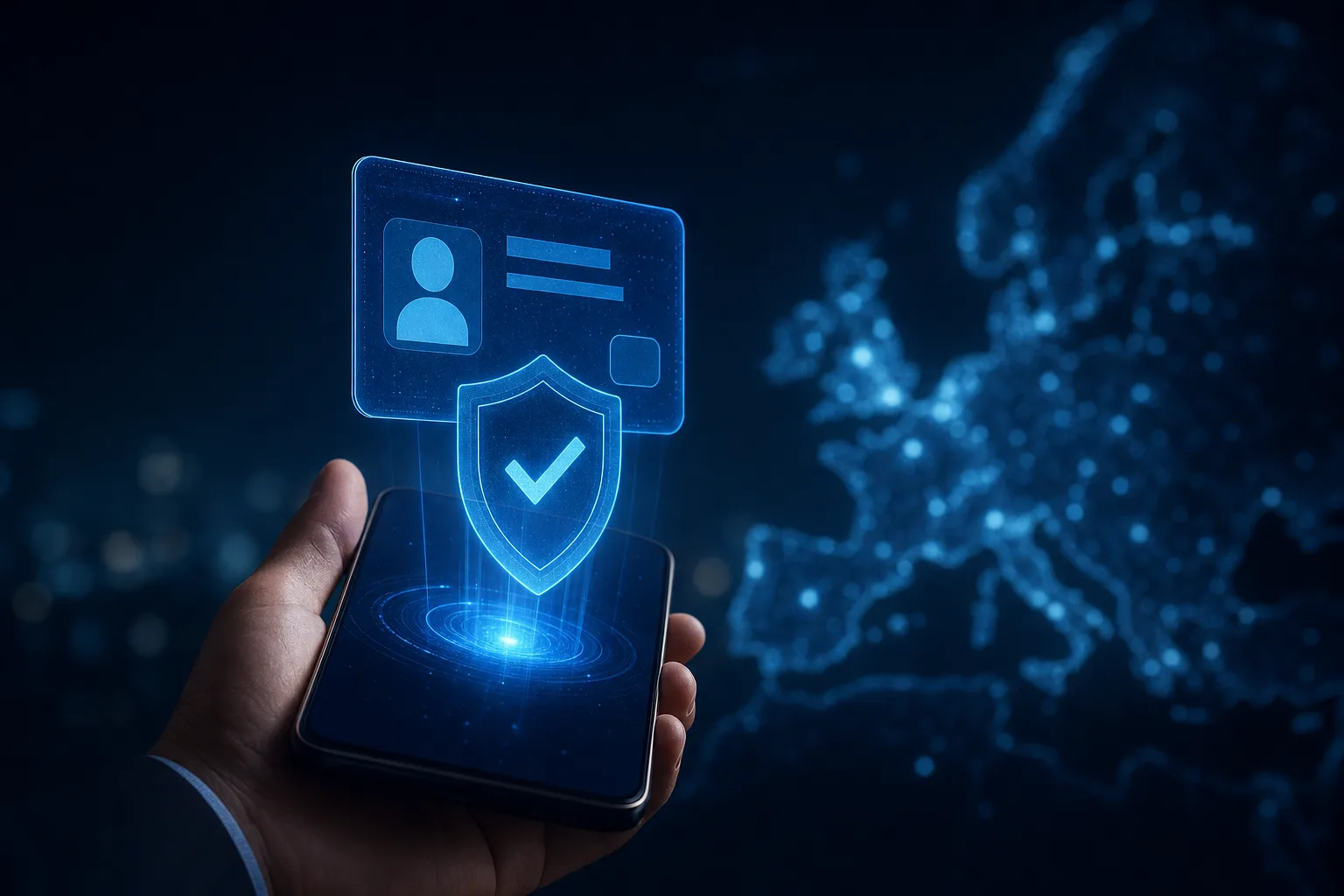 EU Digital Identity Wallet on a smartphone issuing a secure verified identity credential under eIDAS 2.0