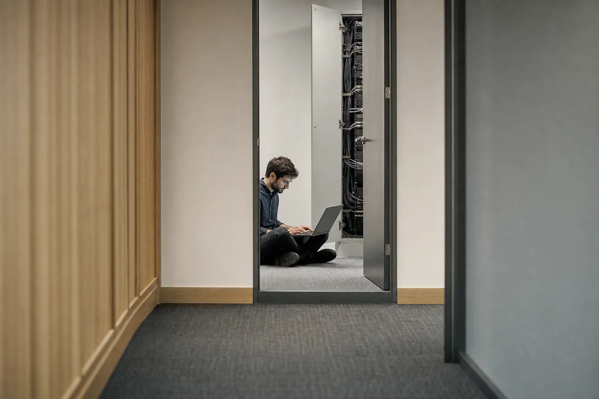 An engineer working from a laptop on the floor beside an open comms cabinet