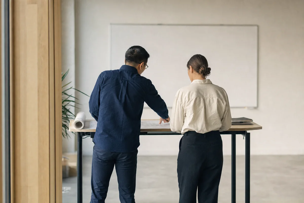 Two engineers working side by side at a standing desk closing findings