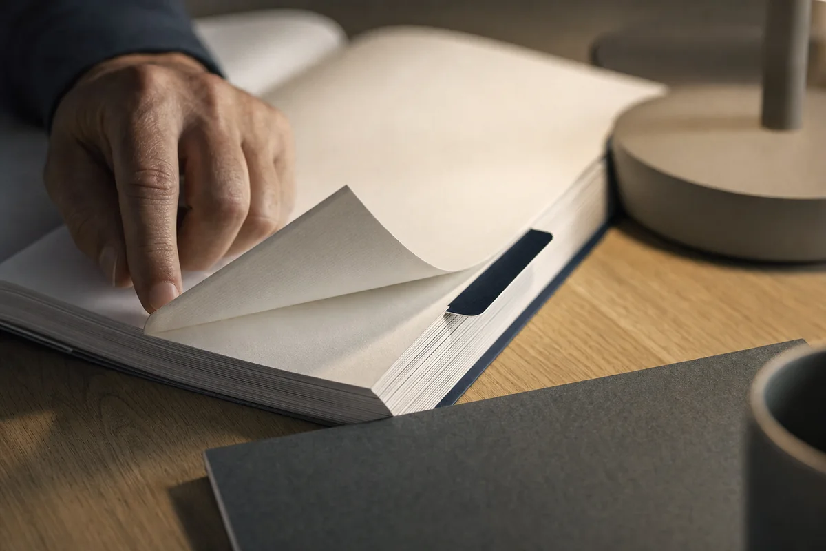 A thick printed audit report open flat at a tabbed section divider, a hand turning a page