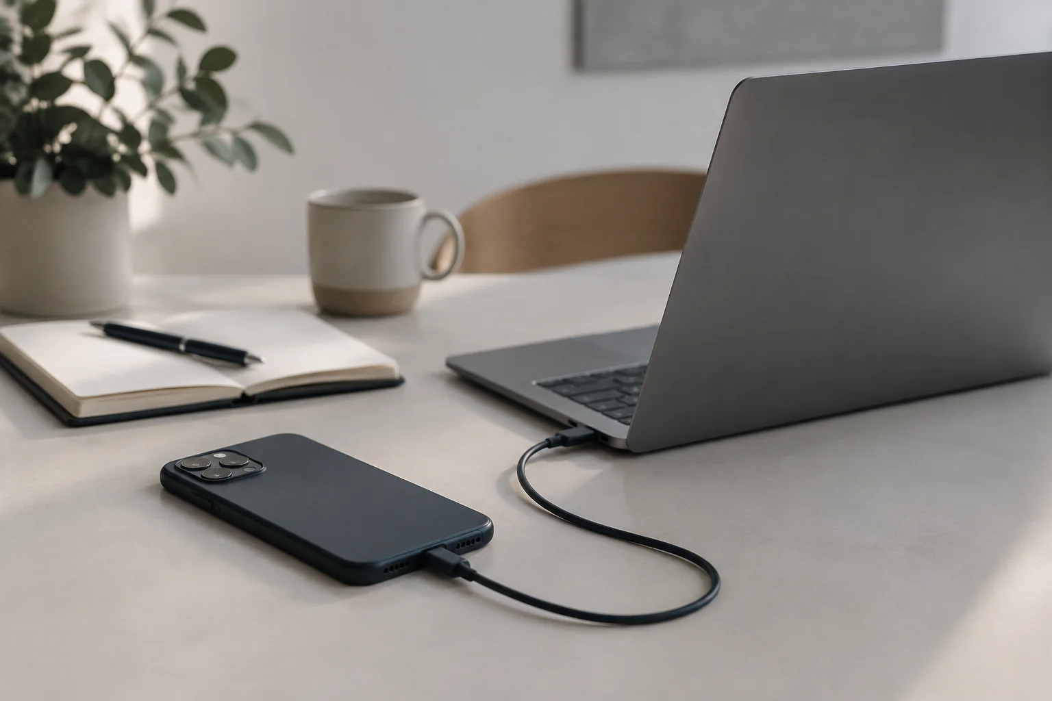 A smartphone face down on a desk, cabled to a laptop, during a mobile app penetration test