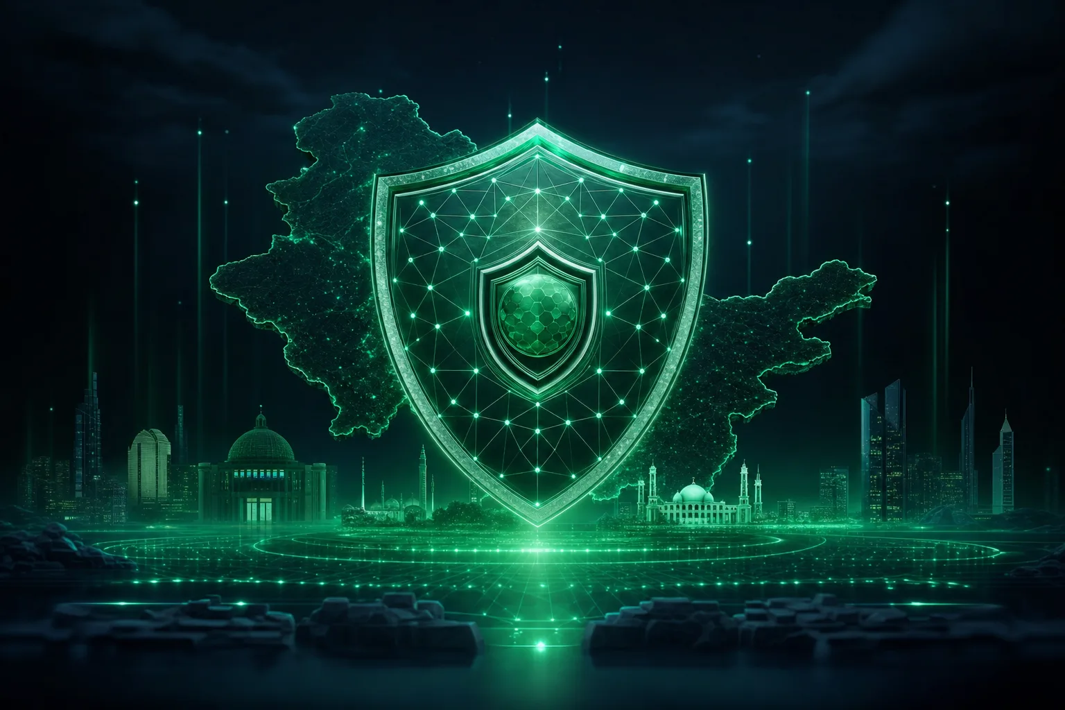 National cybersecurity shield representing Saudi Arabia NCA Essential Cybersecurity Controls protecting the nation