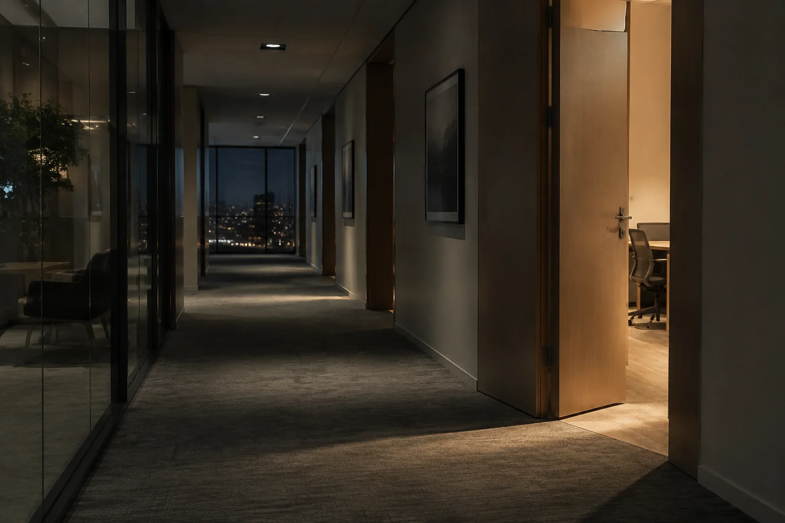 An office corridor at night with the communications room door ajar, where internal network testing takes place