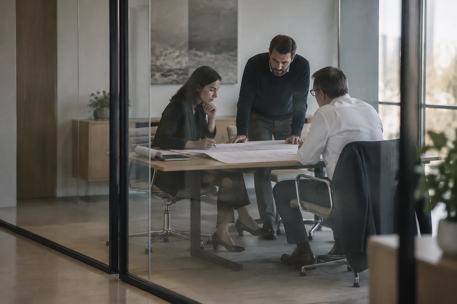 Three people in a glass meeting room reviewing a printed architecture drawing during a SaaS pentest scoping session