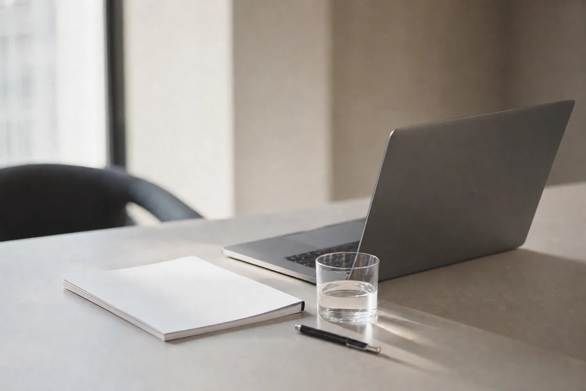 A laptop and a stapled printed test plan on a plain desk in morning light