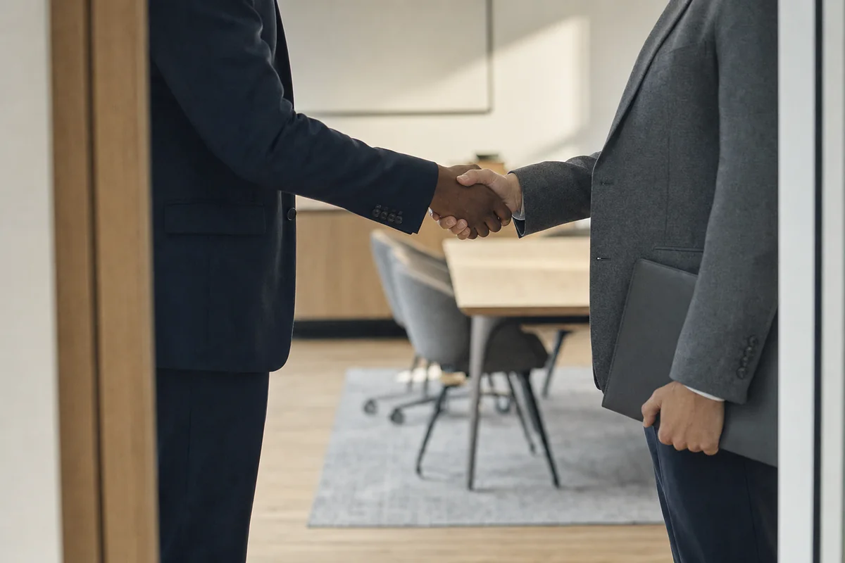 Two people shaking hands in a meeting room doorway, one carrying a document case