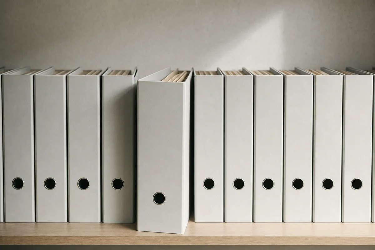 A row of identical tabbed ring binders on a shelf, one pulled forward