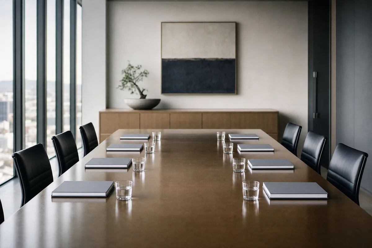 Identical bound document packs set out around a boardroom table before a meeting
