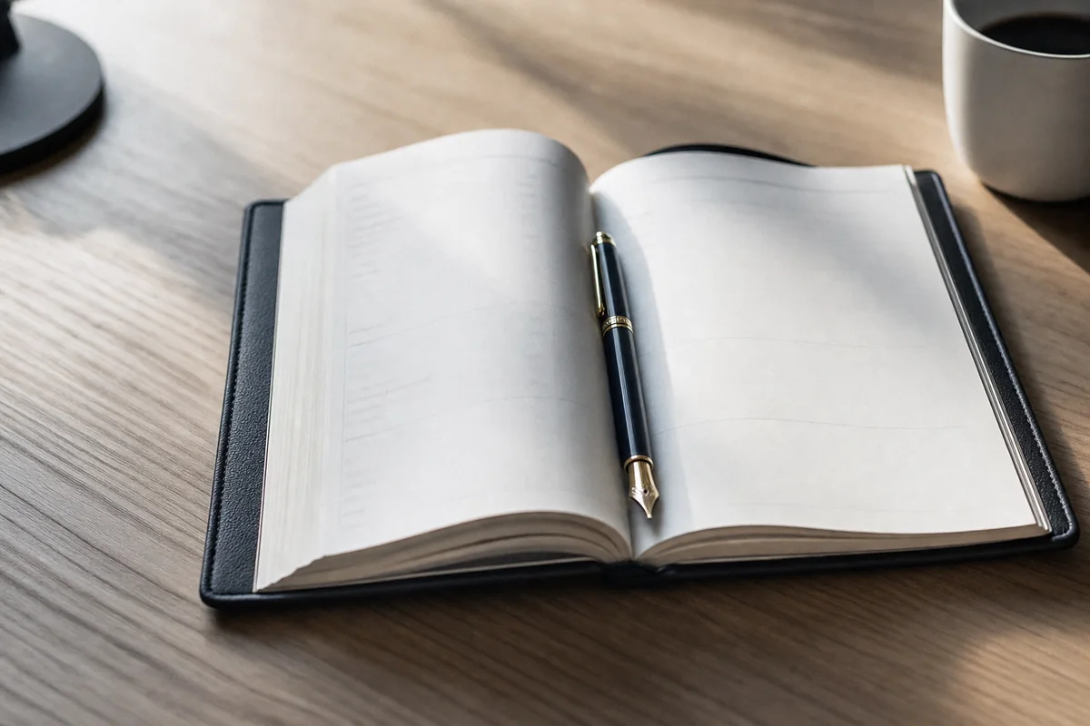 A bound desk diary open flat on a desk with a fountain pen laid across it