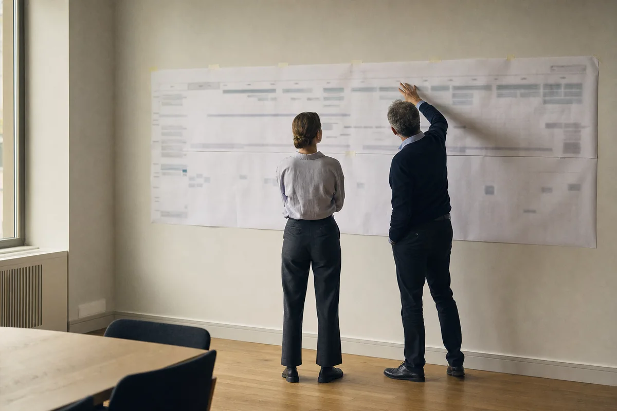 Two people standing at a large printed programme plan pinned across a meeting room wall