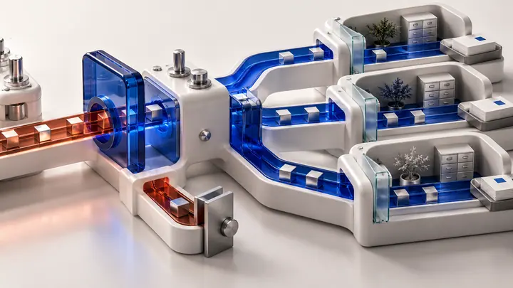 Sculptural illustration of an authorization gate controlling blue workflow channels into separate client systems.