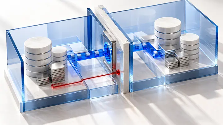 Architectural illustration of two customer data compartments separated by a blue glass access boundary.