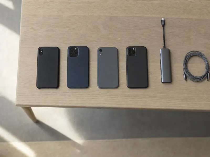 Mobile app pentest: four test smartphones laid face down on a wooden bench beside a USB-C hub and cable - Atlant Security