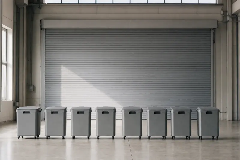 Lidded secure collection consoles lined up on the floor of a document destruction facility