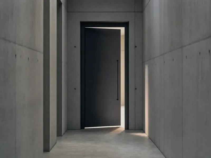 A dark steel door standing ajar at the end of a concrete corridor with light coming through the gap - Atlant Security penetration testing services