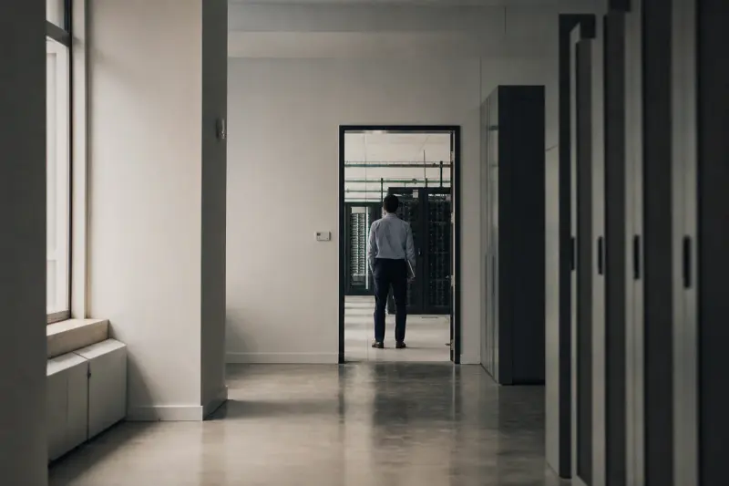 A person with a clipboard standing in the doorway of a server room, seen from down the corridor