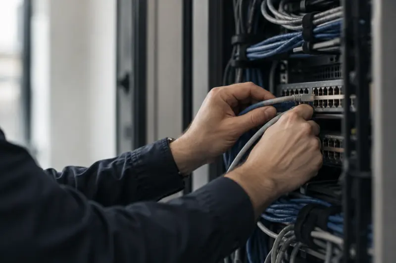 Network pentest: a network engineer patching a cable into a switch in an open cabinet - Atlant Security