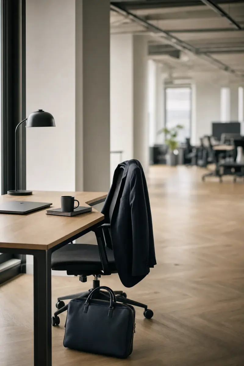 A desk set up for a visiting consultant, coat over the chair and a laptop bag beside it