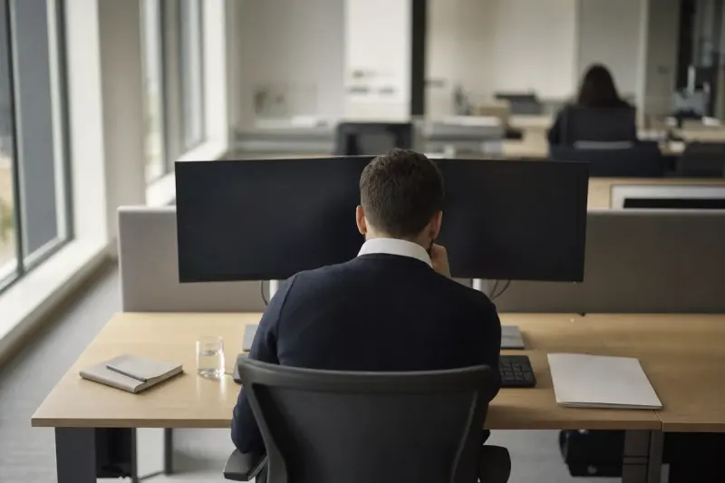 AI governance questions now arrive in the same procurement pack as SOC 2 and ISO 27001. A two-monitor workstation seen from behind, a printed document face down beside the keyboard