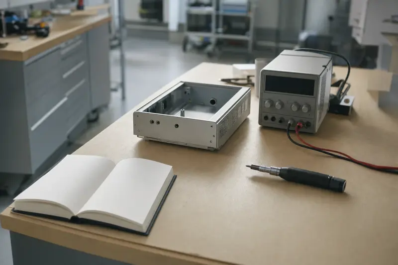 A workbench with a partially assembled electronic product enclosure, a bench power supply and an open logbook