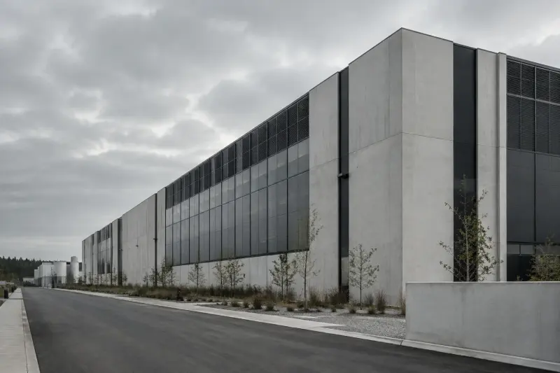 Cloud pentest: the exterior of a modern data centre building photographed as architecture - Atlant Security
