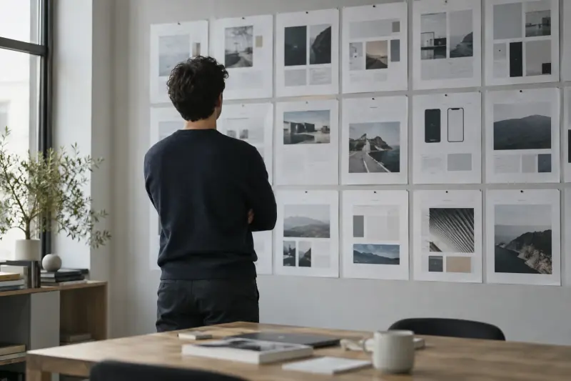 Web app pentest: a security consultant standing before a wall of printed interface wireframes, mapping every screen and role of a web application - Atlant Security
