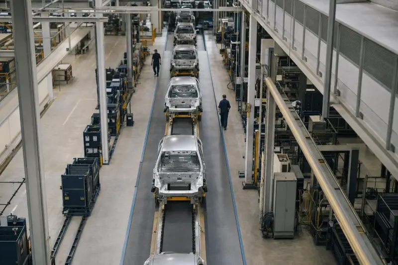 An automotive assembly line seen from a walkway above, car bodies spaced along the conveyor