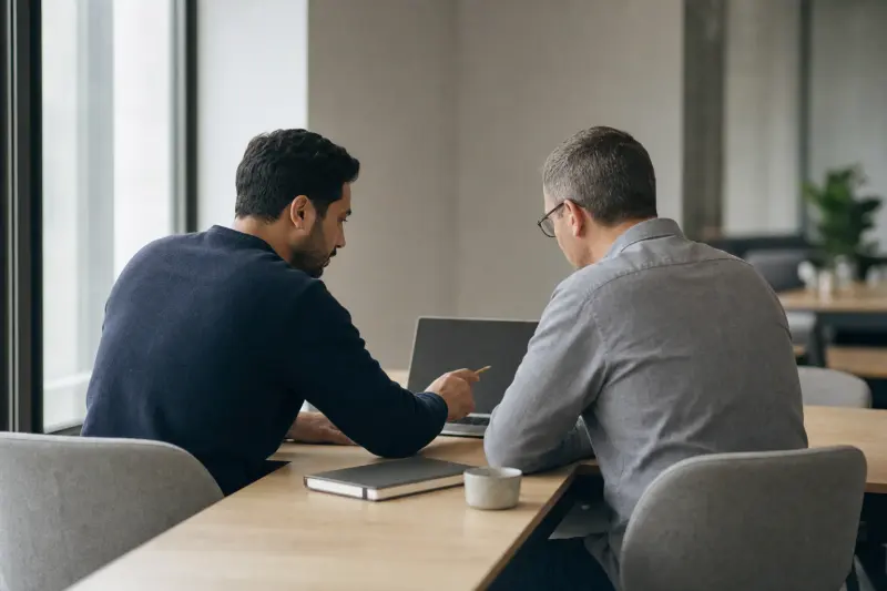 Microsoft 365 security audit: a security consultant and an IT administrator side by side at a desk, both looking at a laptop whose screen faces away from the camera - Atlant Security