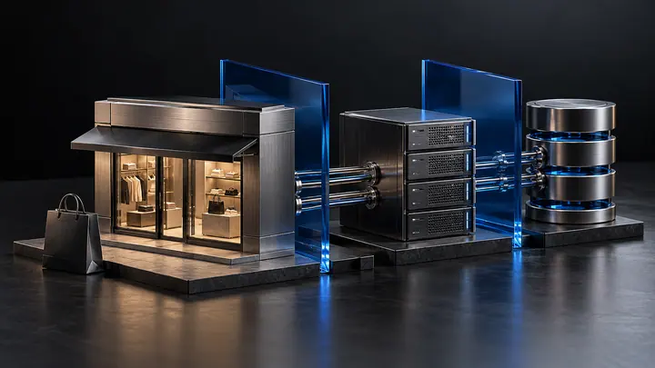 Editorial illustration of a storefront, application servers and data storage separated by blue glass boundaries.