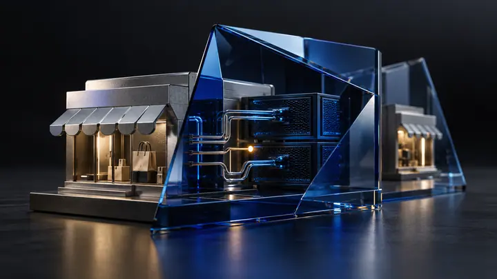Commerce app servers and store connections viewed through a blue inspection prism.